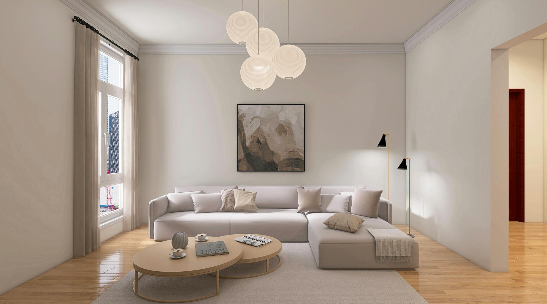 A living room with a minimalist interior design