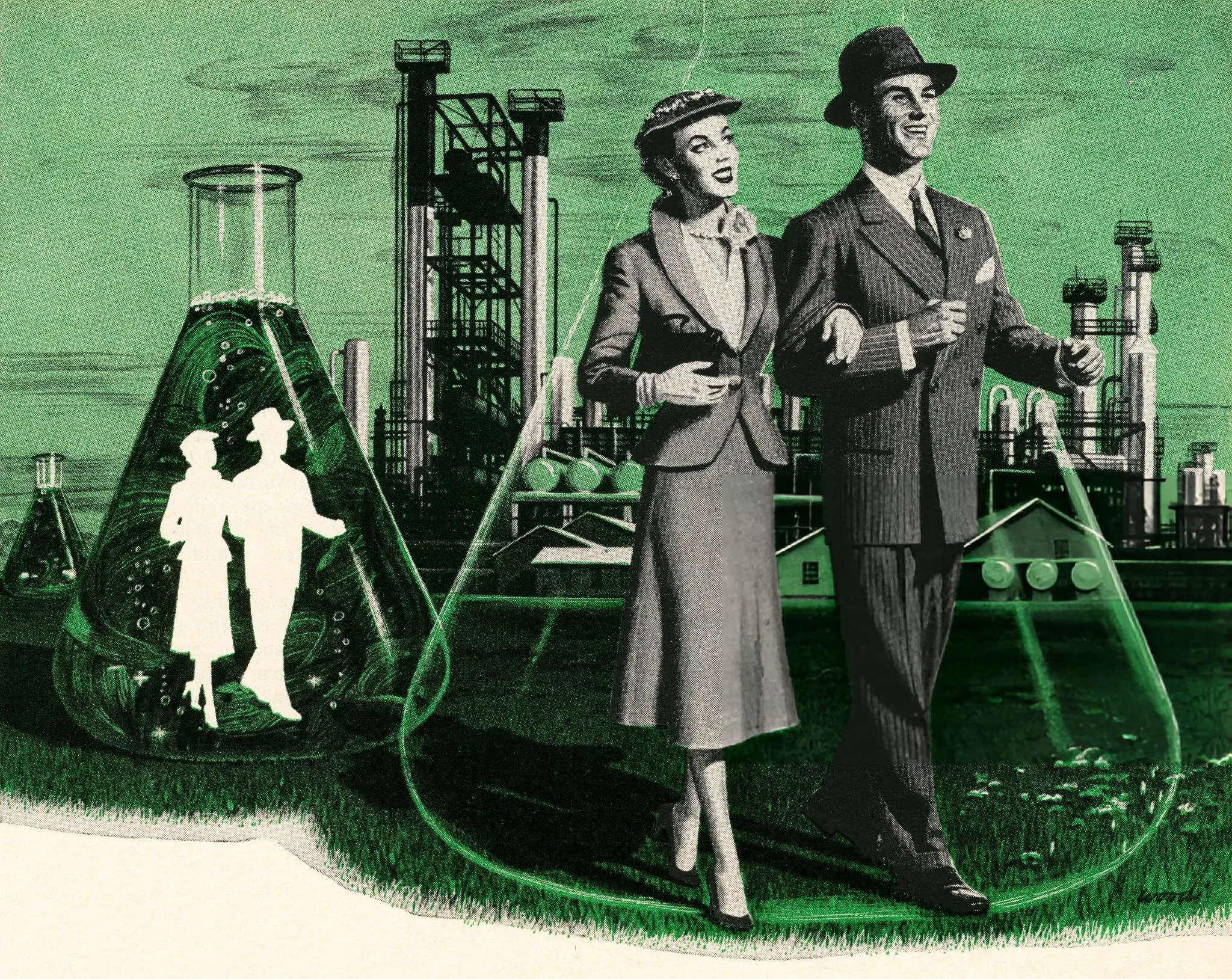 How to Let Things Go: 10 Things You Don't Really Need A retro-inspired artwork showing a smiling couple walking confidently away from an industrial, chemical-filled environment, symbolizing the empowering act of letting go of toxic influences—both emotional and environmental—to pursue a healthier, freer life.