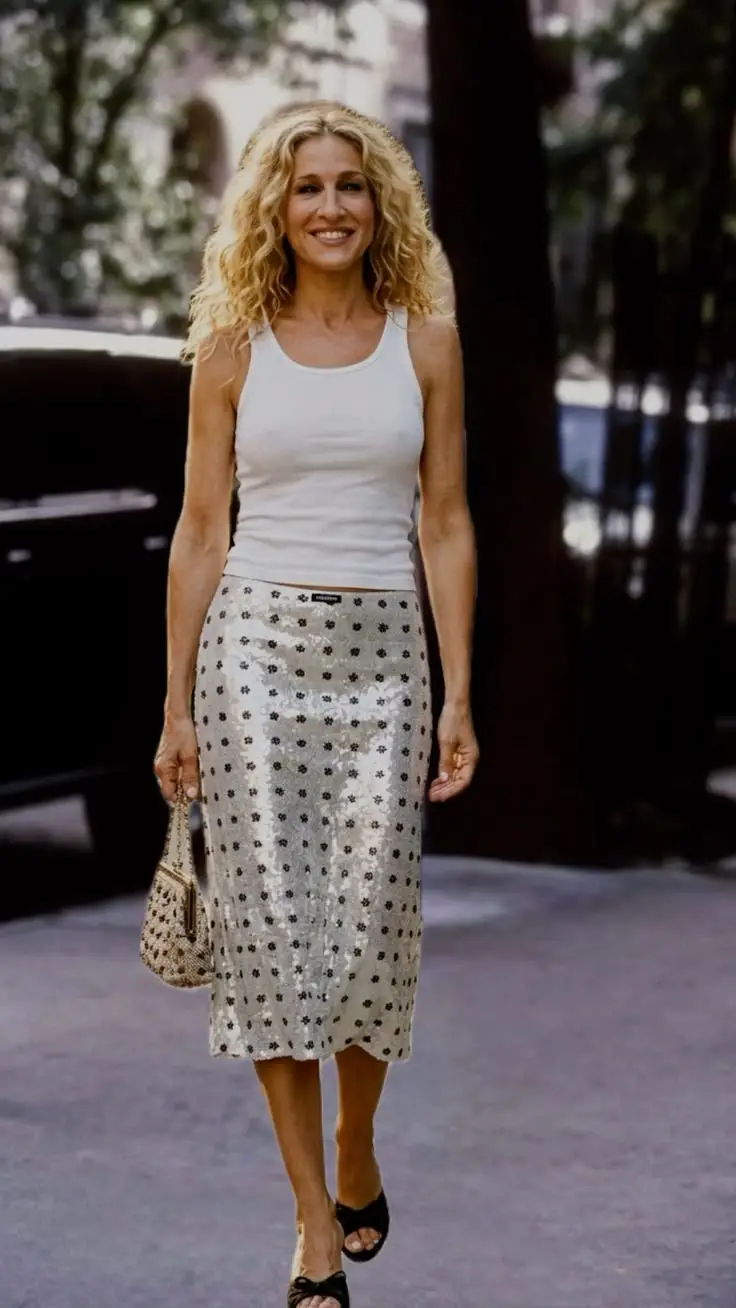 90s Minimalist Outfits You Can Copy This Summer 90s minimalist midi skirt outfit inspired by Sarah Jessica Parker
